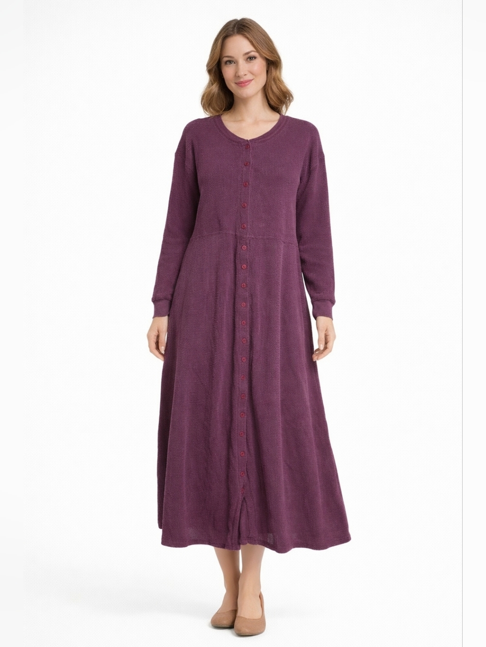 Vintage Eddie Bauer Thermal Henley Dress Long Sleeves Cotton Purple Women's XL